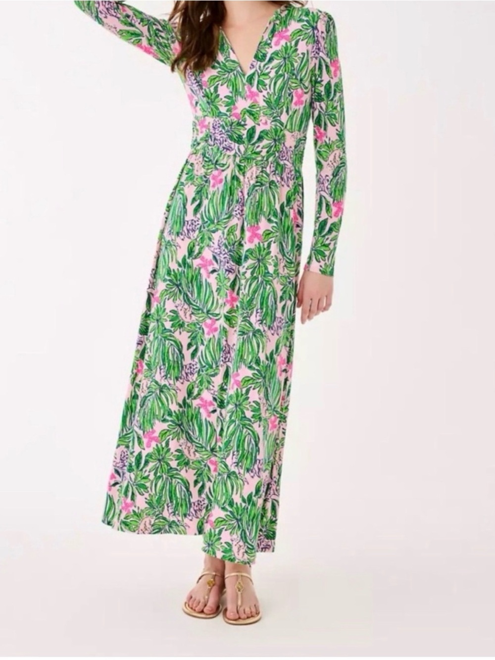 Lilly Pulitzer Solene Pink & Green Tropical Jungle Roaring with Joy Maxi Dress